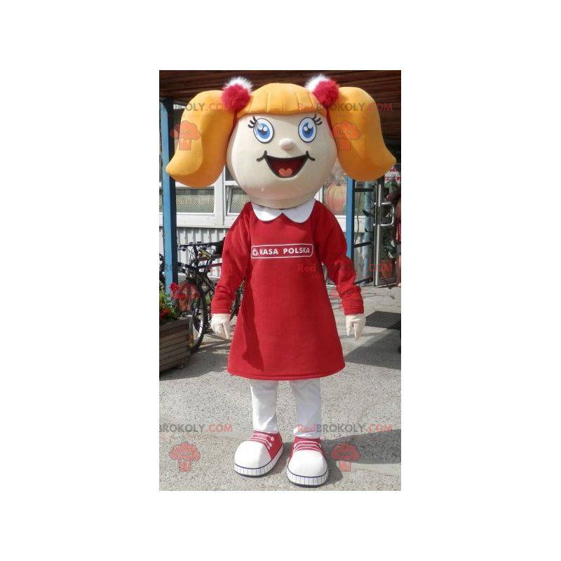 Blond meisje mascotte met dekbedden en een jurk - Redbrokoly.com
