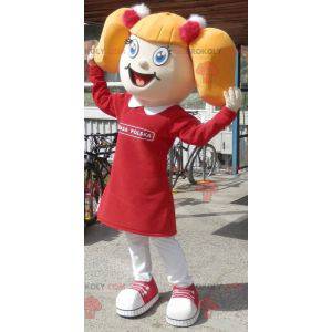 Blond meisje mascotte met dekbedden en een jurk - Redbrokoly.com