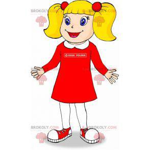 Mascotte de jeune fille blonde avec des couettes et une robe -
