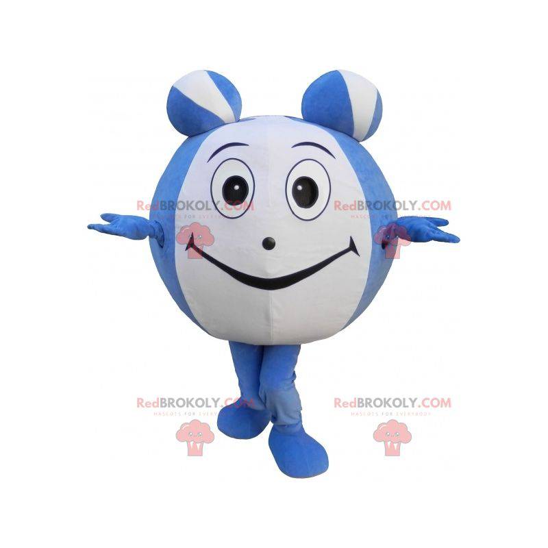 Mascota de muñeco de nieve redondo azul y blanco. Bola gigante
