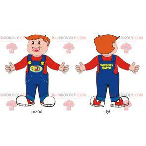 Menino mascote sorridente vestido de macacão - Redbrokoly.com
