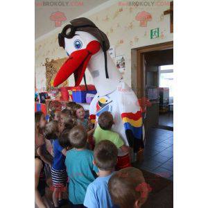 Mascotte de cigogne blanche avec des ailes colorées -