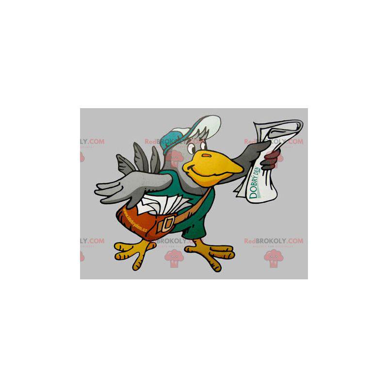 Mascot gigantische grijze en gele vogel met een zak -