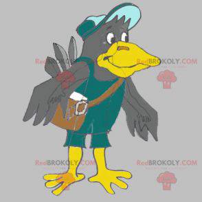 Mascot pájaro gigante gris y amarillo con una bolsa -