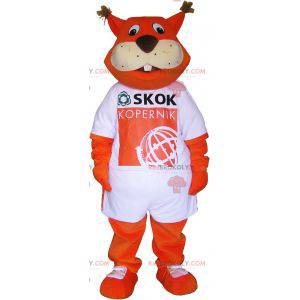 Mascote raposa laranja vestindo uma camiseta - Redbrokoly.com