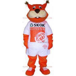 Mascote raposa laranja vestindo uma camiseta - Redbrokoly.com