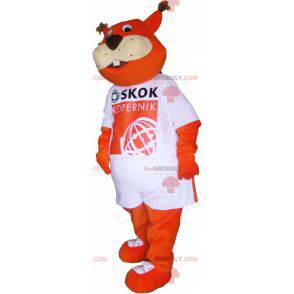 Mascote raposa laranja vestindo uma camiseta - Redbrokoly.com