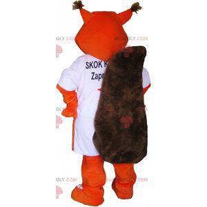 Orange rävmaskot som bär en t-shirt - Redbrokoly.com