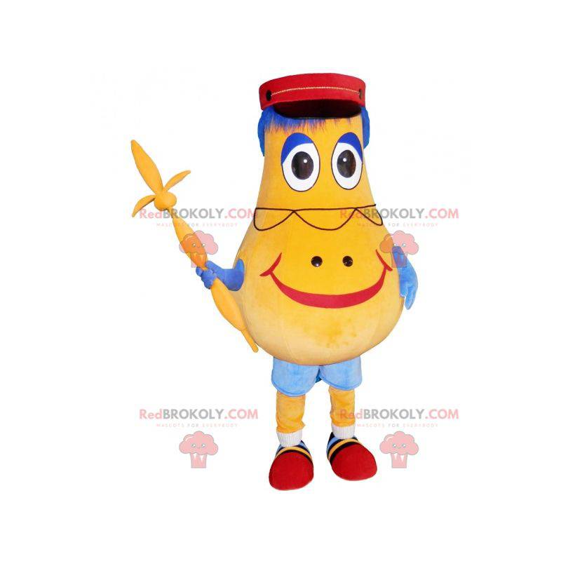 Pear-shaped yellow snowman mascot with a cap - Redbrokoly.com
