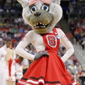 Gray wolf mascot with a red dress - Redbrokoly.com