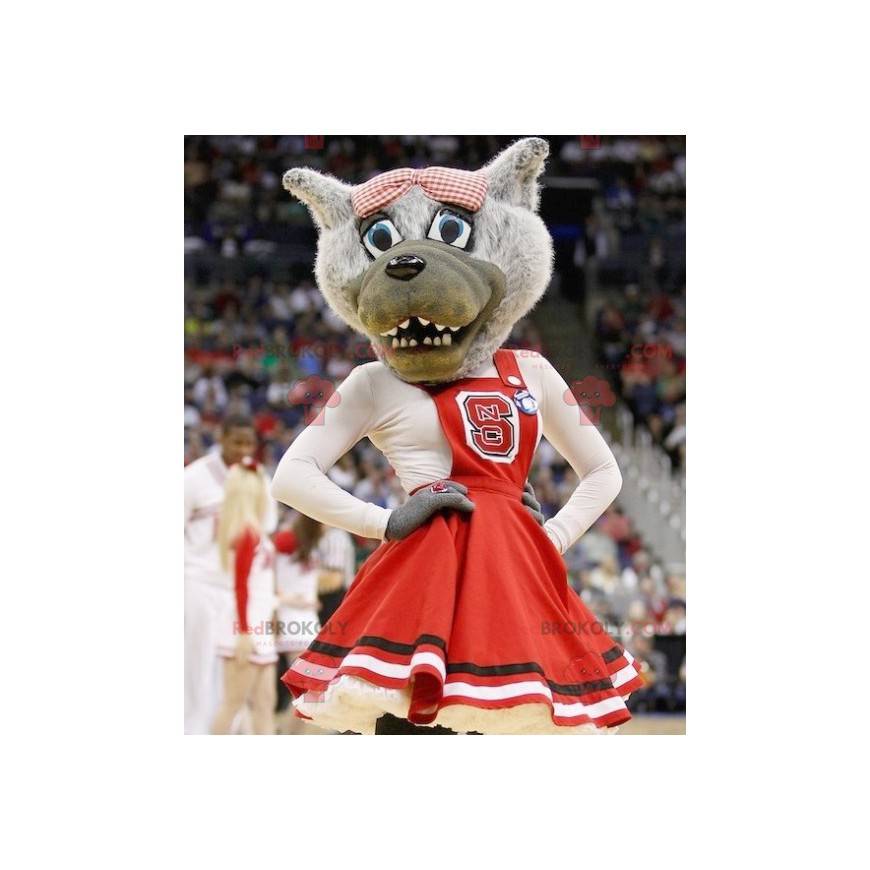 Gray wolf mascot with a red dress - Redbrokoly.com