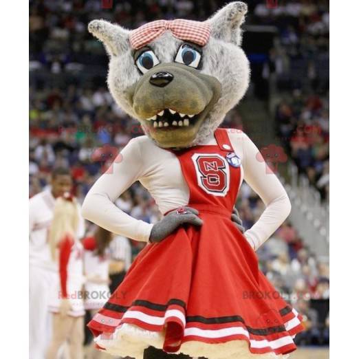 Gray wolf mascot with a red dress - Redbrokoly.com