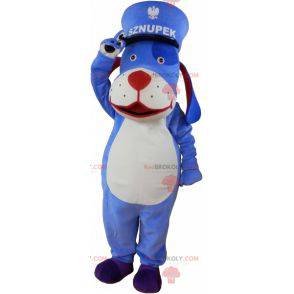 Mascote cachorro azul e branco com um quepe - Redbrokoly.com