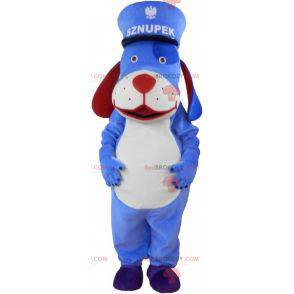 Blå och vit hundmaskot med en kepi - Redbrokoly.com