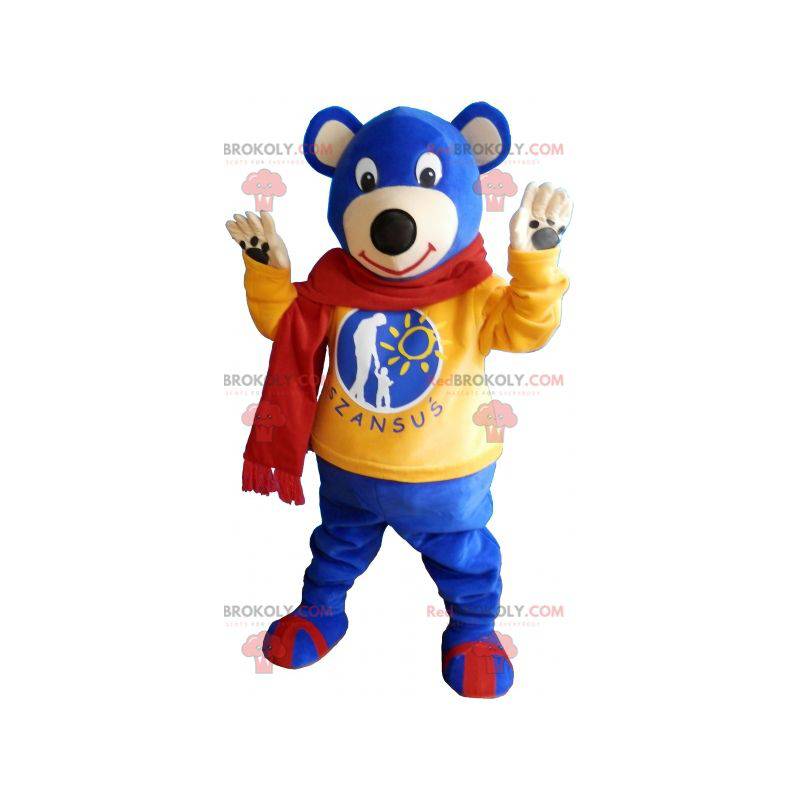 Mascotte orso blu che indossa una sciarpa rossa - Redbrokoly.com