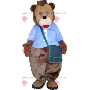 Großes braunes Teddy-Maskottchen mit einer Tasche -