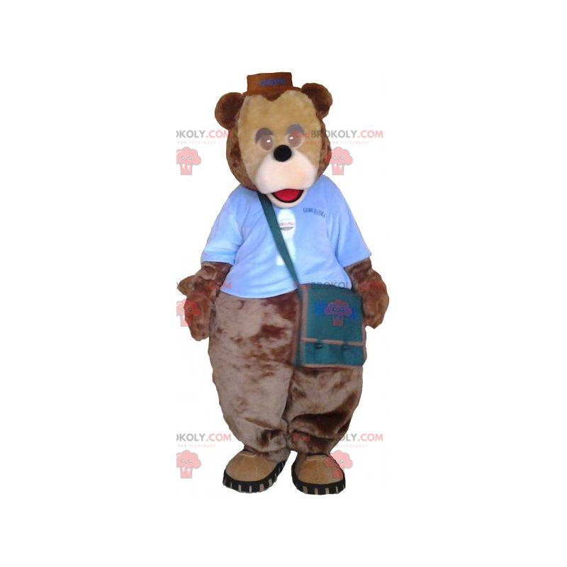 Mascota de peluche marrón grande con una cartera -