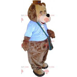 Mascotte de gros nounours marron avec une sacoche -