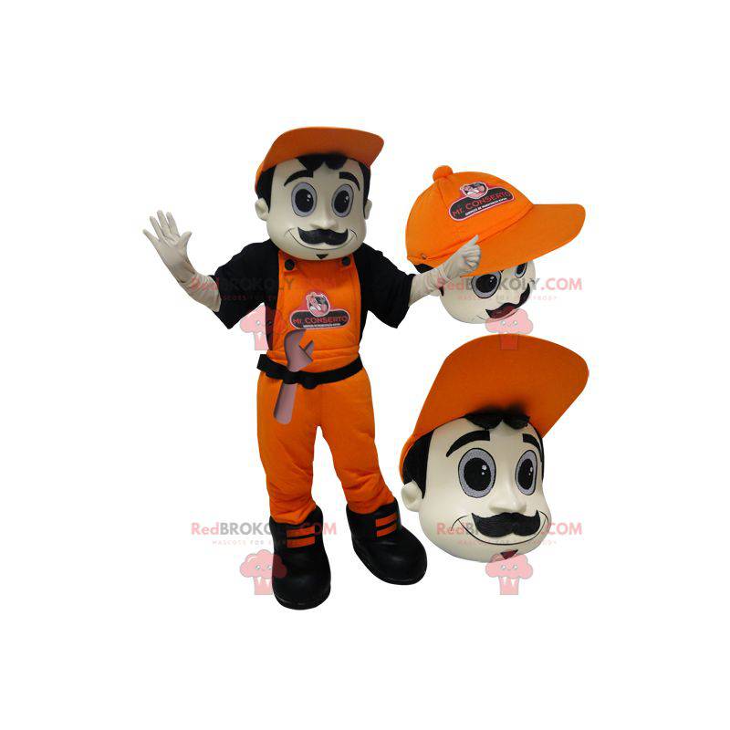 Mascotte d'homme en salopette et casquette orange. -