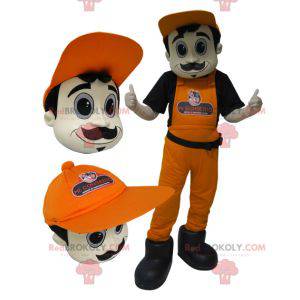 Homem mascote de macacão e boné laranja. - Redbrokoly.com