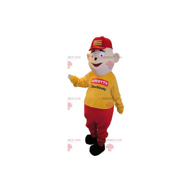 Mascotte de bonhomme habillé en jaune et rouge avec une