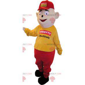 Mascotte de bonhomme habillé en jaune et rouge avec une