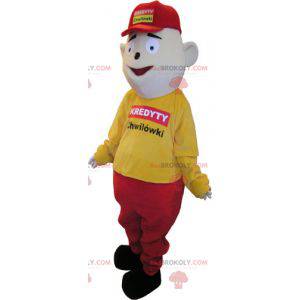 Mascotte de bonhomme habillé en jaune et rouge avec une