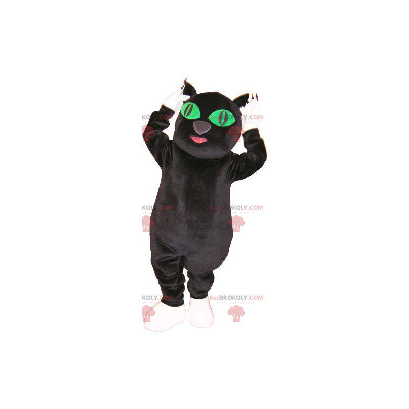 Mascotte de gros chat noir et blanc avec les yeux verts -