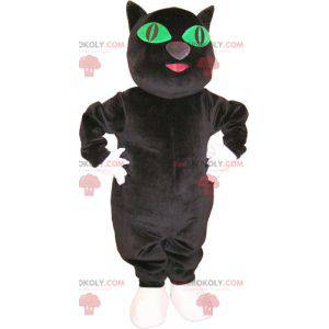 Mascotte de gros chat noir et blanc avec les yeux verts -