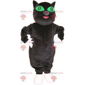 Mascotte de gros chat noir et blanc avec les yeux verts -