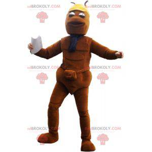 Mascotte de bonhomme marron tout fin avec un sac -