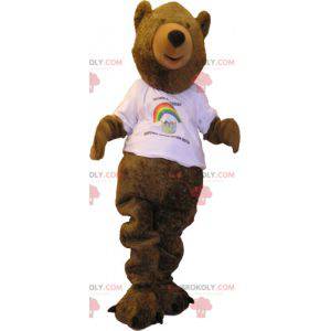 Mascotte de gros ours brun avec un t-shirt blanc -