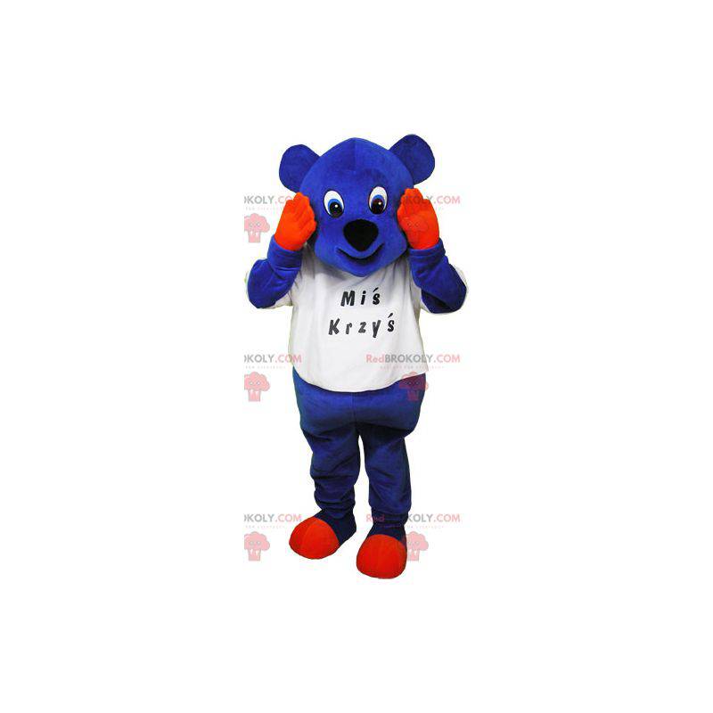Blaues Bärenmaskottchen mit orangefarbenen Händen und Pfoten -