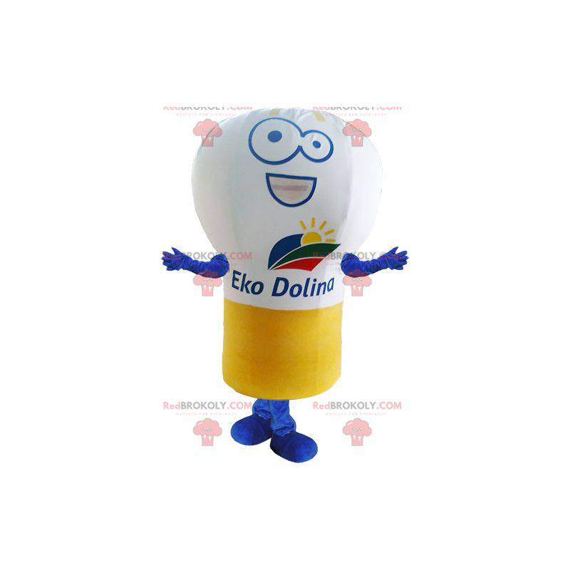 Mascot bombilla gigante blanco amarillo y azul - Redbrokoly.com
