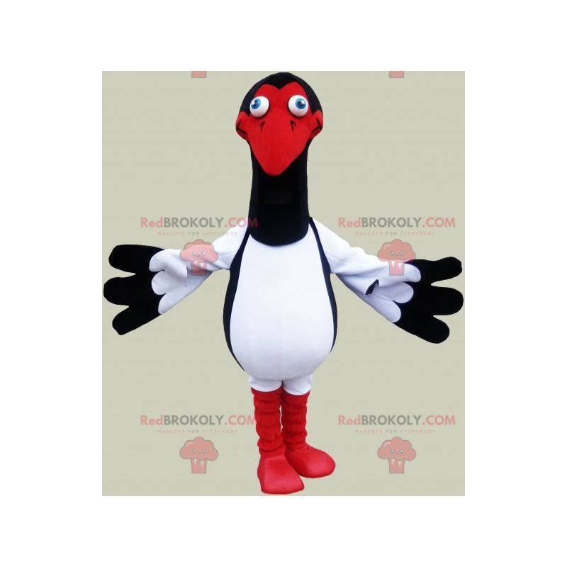 Zwart-rood-witte zeemeeuwmascotte. Vogel kostuum -