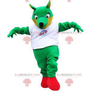 Grande mascote da raposa verde com uma camiseta branca -