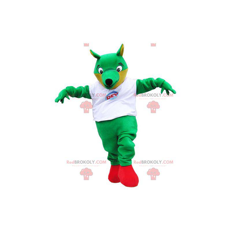 Grande mascote da raposa verde com uma camiseta branca -