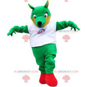 Grande mascote da raposa verde com uma camiseta branca -