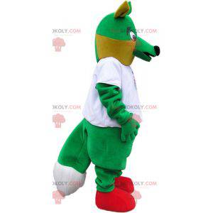 Mascotte de gros renard vert avec un t-shirt blanc -