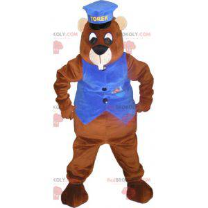 Giant brown beaver mascot with a kepi and a vest -