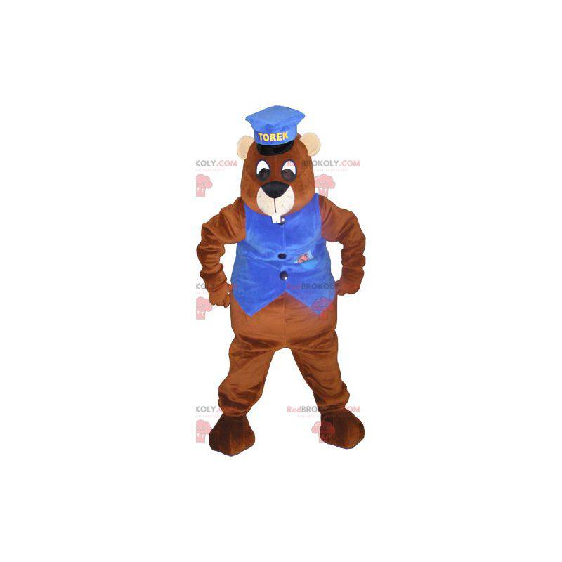 Mascota de castor marrón gigante con un kepi y un chaleco -