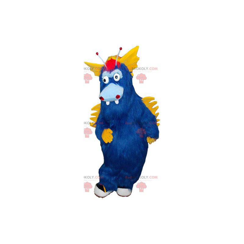 Grande mascote monstro peludo azul e amarelo - Redbrokoly.com