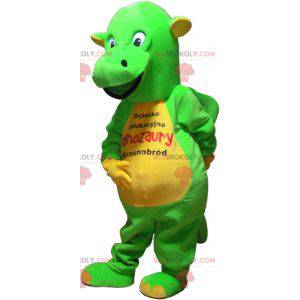 Mascotte di dinosauro verde e giallo appariscente -