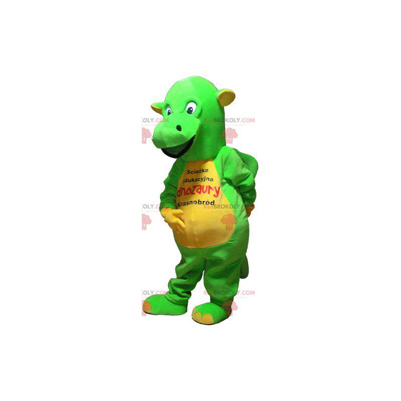 Mascote de dinossauro verde e amarelo chamativo - Redbrokoly.com