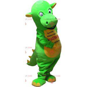 Mascotte di dinosauro verde e giallo appariscente -