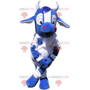 Mascotte de vache bleue et blanche avec de grands yeux -