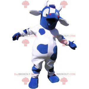 Mascota de la vaca azul y blanca con ojos grandes -