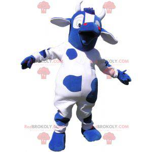 Mascotte de vache bleue et blanche avec de grands yeux -