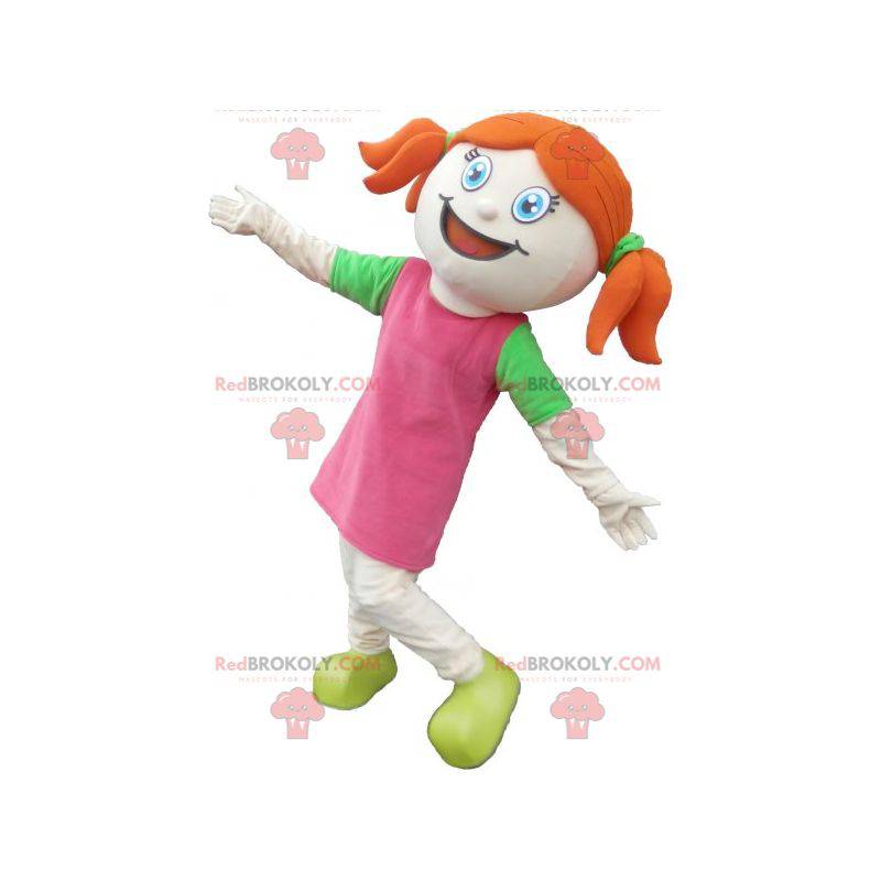 Mascotte bella ragazza rossa vestita di rosa e verde -