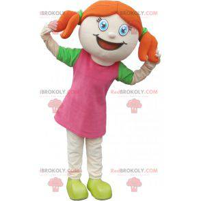 Mascotte de jolie fille rousse habillée en rose et vert -